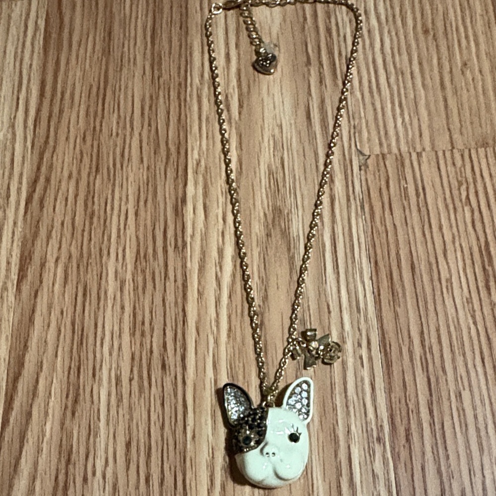 BETSEY JOHNSON FRENCH BULLDOG PAVE CRYSTAL ENAMEL PENDANT 16 - 19" NECKLACE
